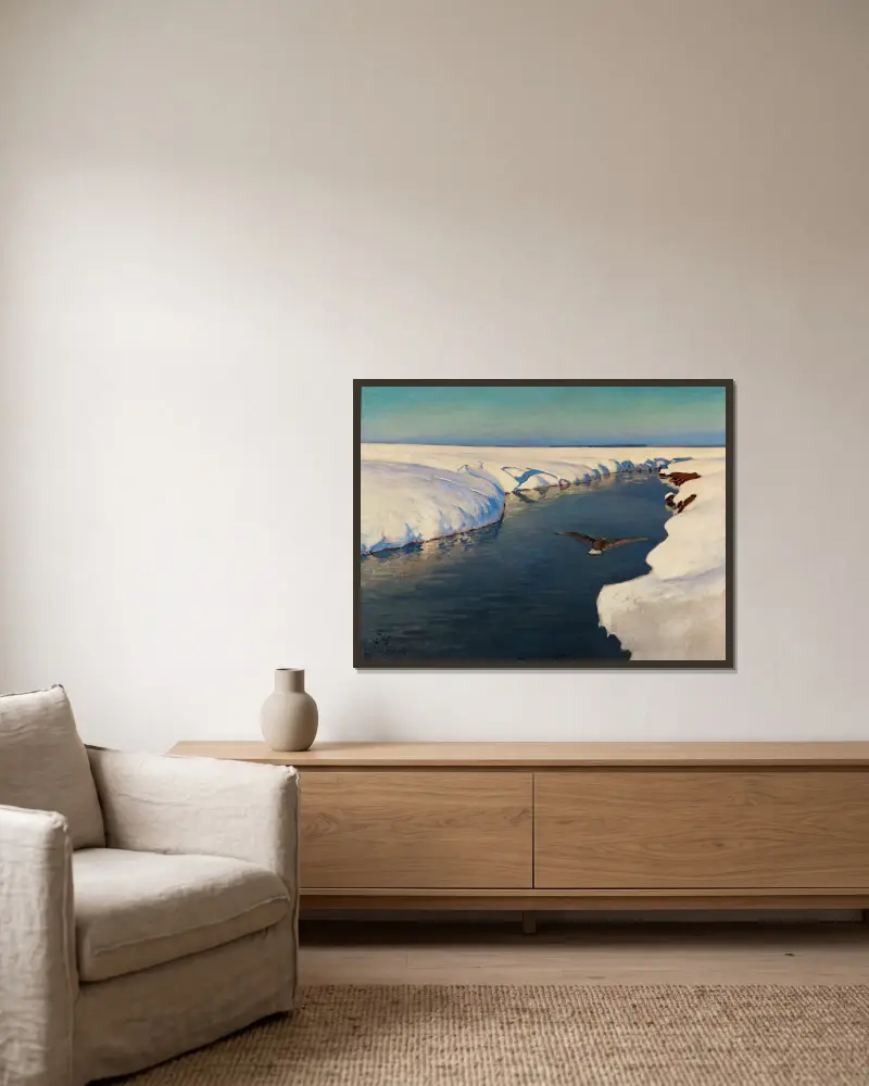 Winter landscape with a river and a bird av Julian Falat inramad på en vägg