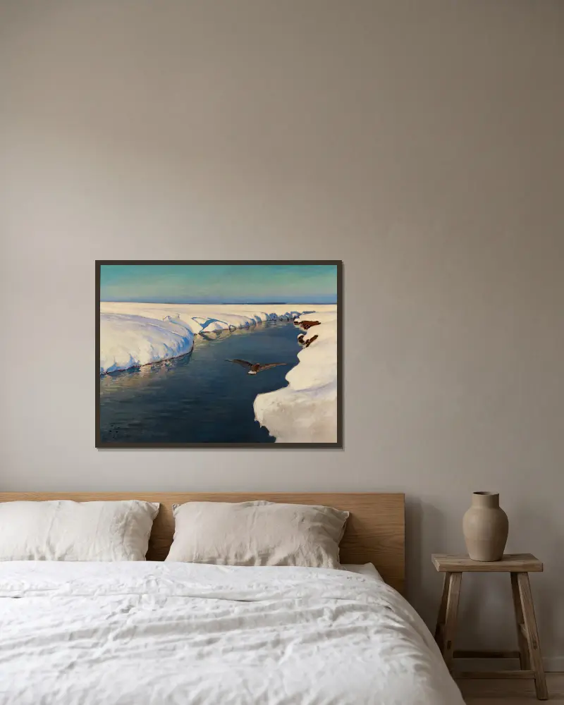Winter landscape with a river and a bird av Julian Falat inramad på en vägg