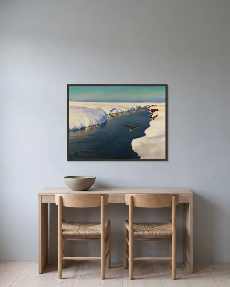 Winter landscape with a river and a bird av Julian Falat inramad på en vägg
