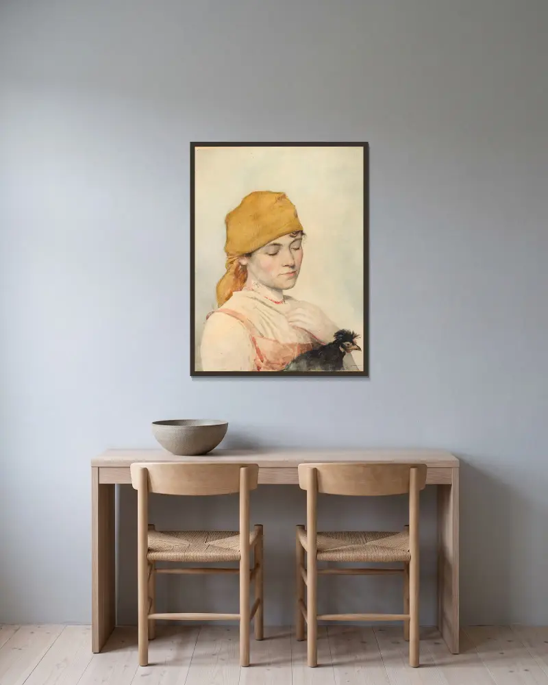 Woman with a hen av Julian Falat inramad på en vägg