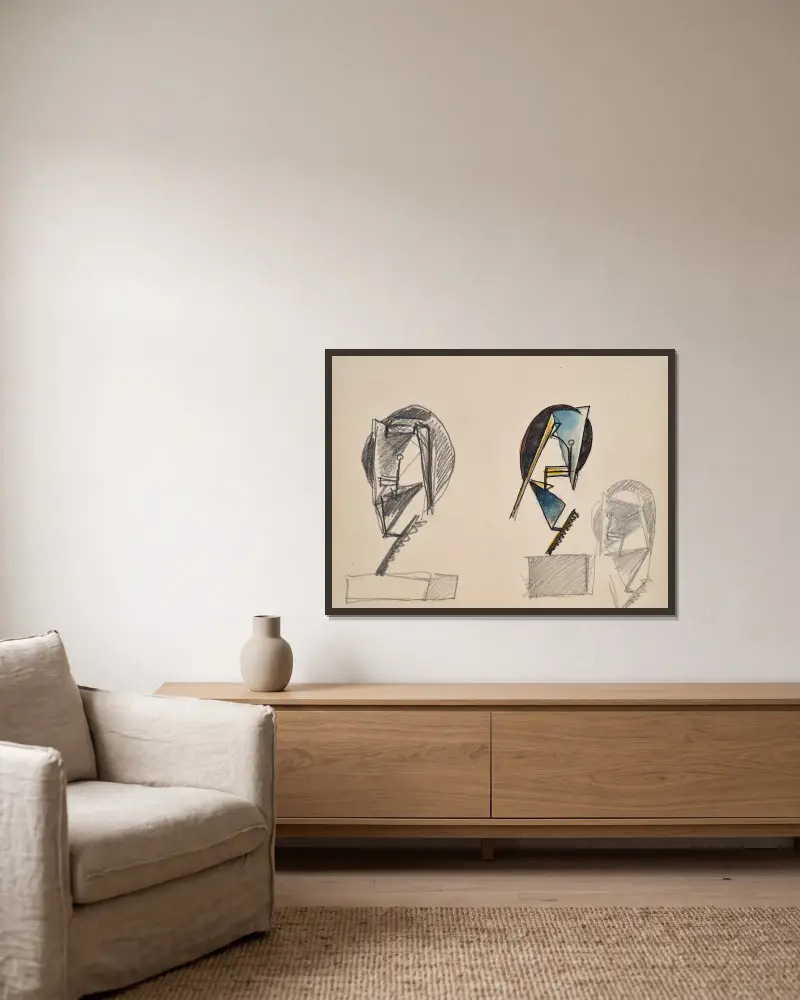 Köpfe, Nr. 5 von Julio González gerahmt an einer Wand