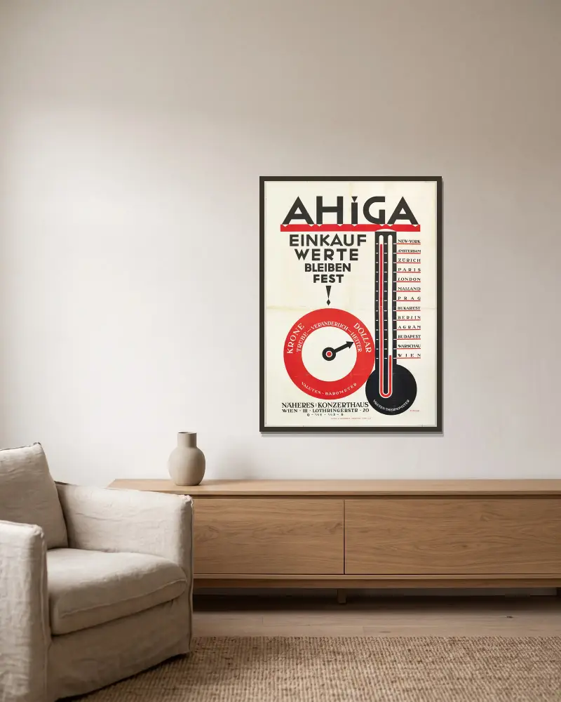 AHIGA Einkauf Werte bleiben fest! von Julius Klinger gerahmt an einer Wand