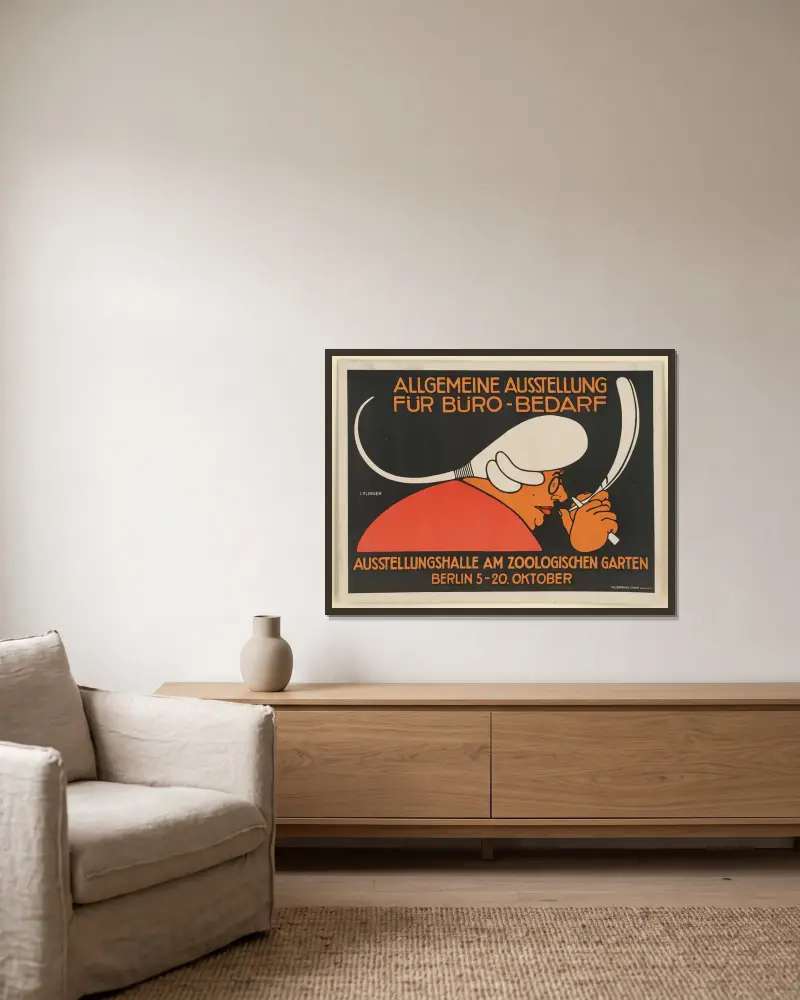 Allgemeine Ausstellung für Bürobedarf av Julius Klinger inramad på en vägg