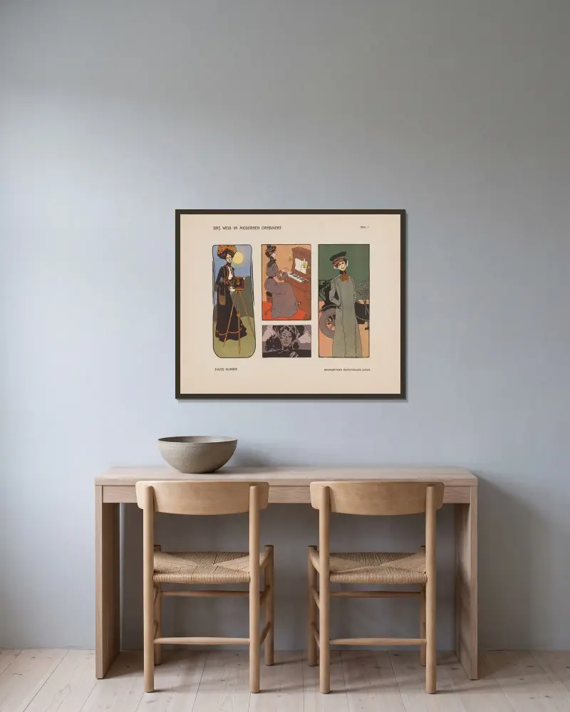 Kvinnan i den moderna ornamentiken av Julius Klinger inramad på en vägg
