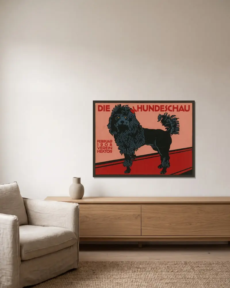 Die Hundeschau Februar 1908 Verein Hektor av Julius Klinger inramad på en vägg