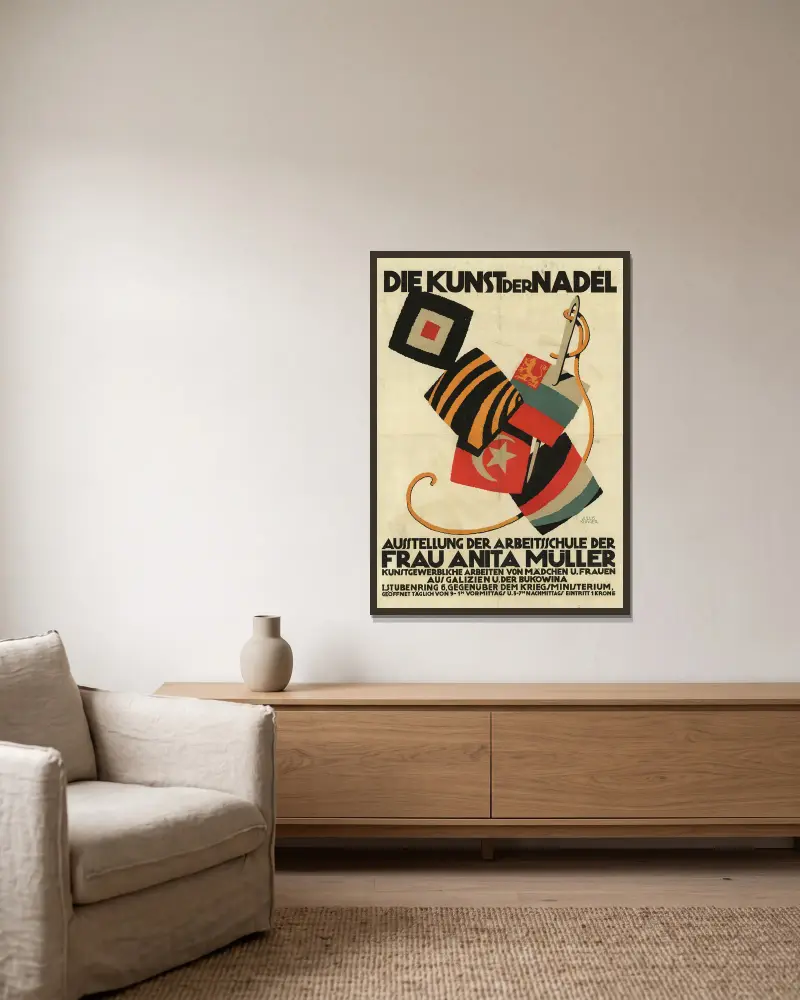 Die Kunst der Nadel – Ausstellung der Arbeitsschule der Frau Anita Müller av Julius Klinger inramad på en vägg
