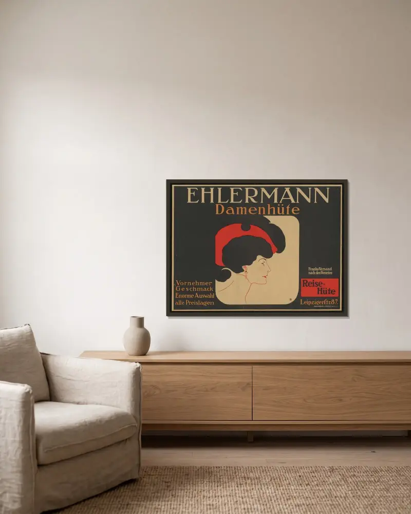 Ehlermanns damhattar av Julius Klinger inramad på en vägg