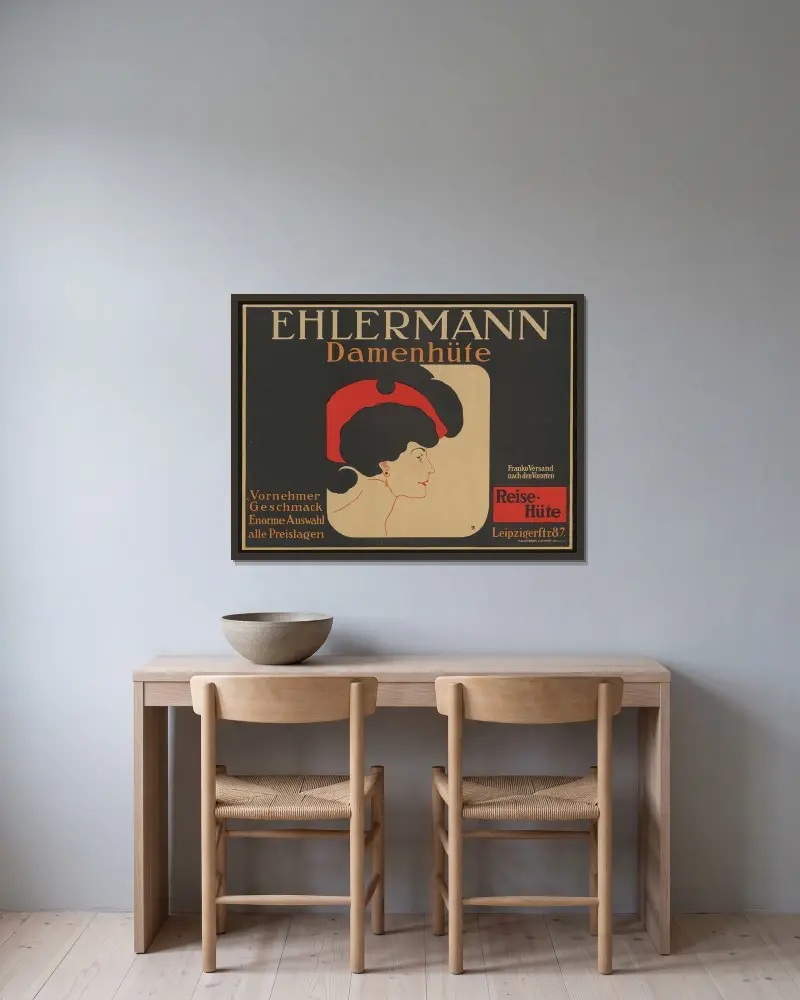 Ehlermanns damhattar av Julius Klinger inramad på en vägg