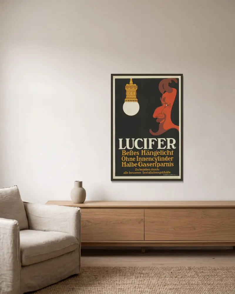 Lucifer Hängelicht av Julius Klinger inramad på en vägg