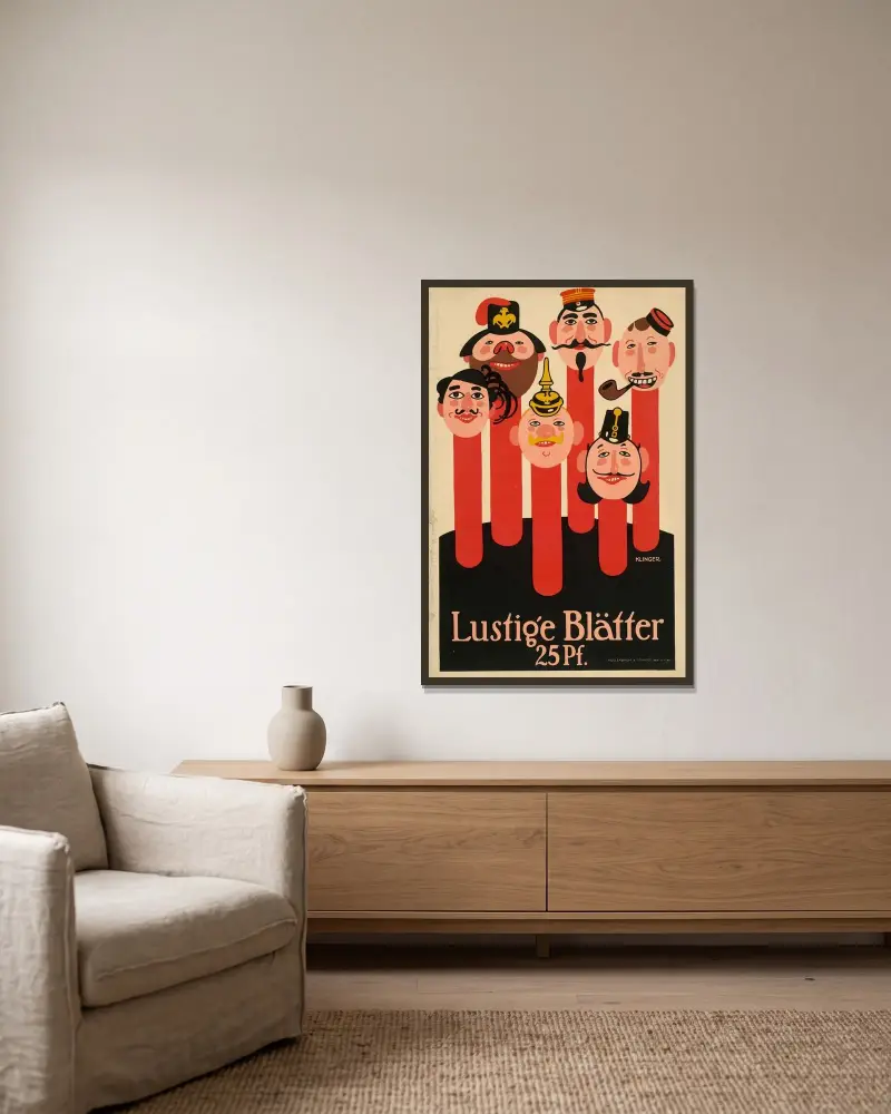 Lustige Blätter av Julius Klinger inramad på en vägg