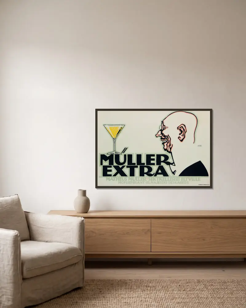Müller Extra von Julius Klinger gerahmt an einer Wand