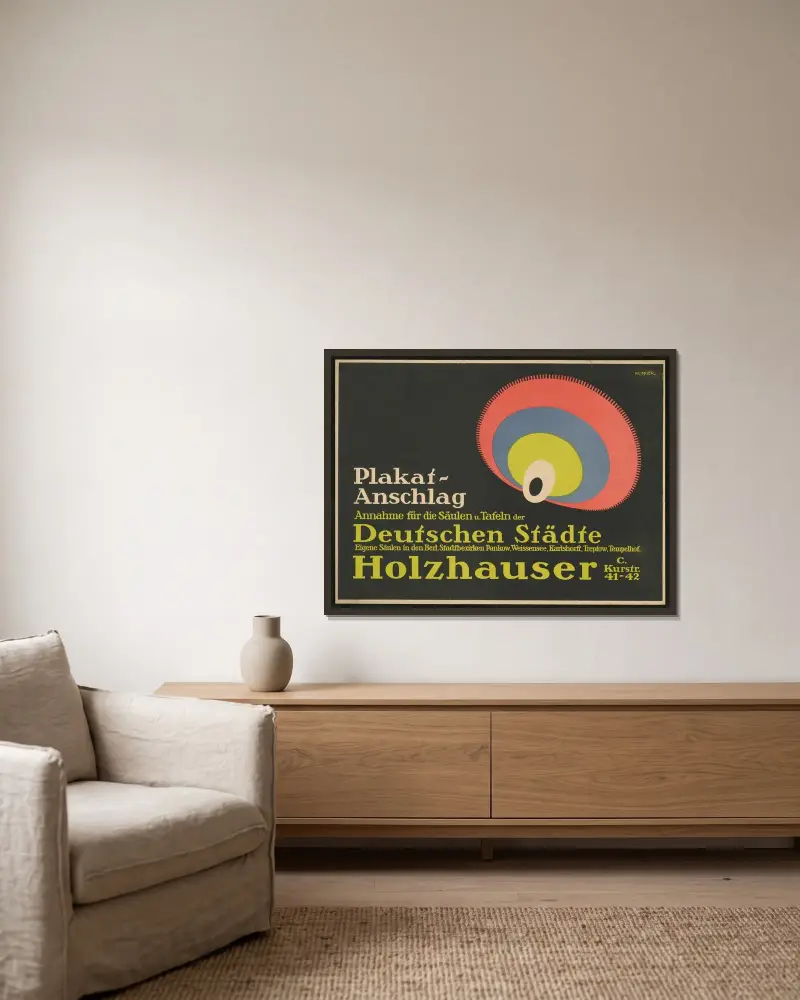 Plakatanschlag Holzhauser av Julius Klinger inramad på en vägg