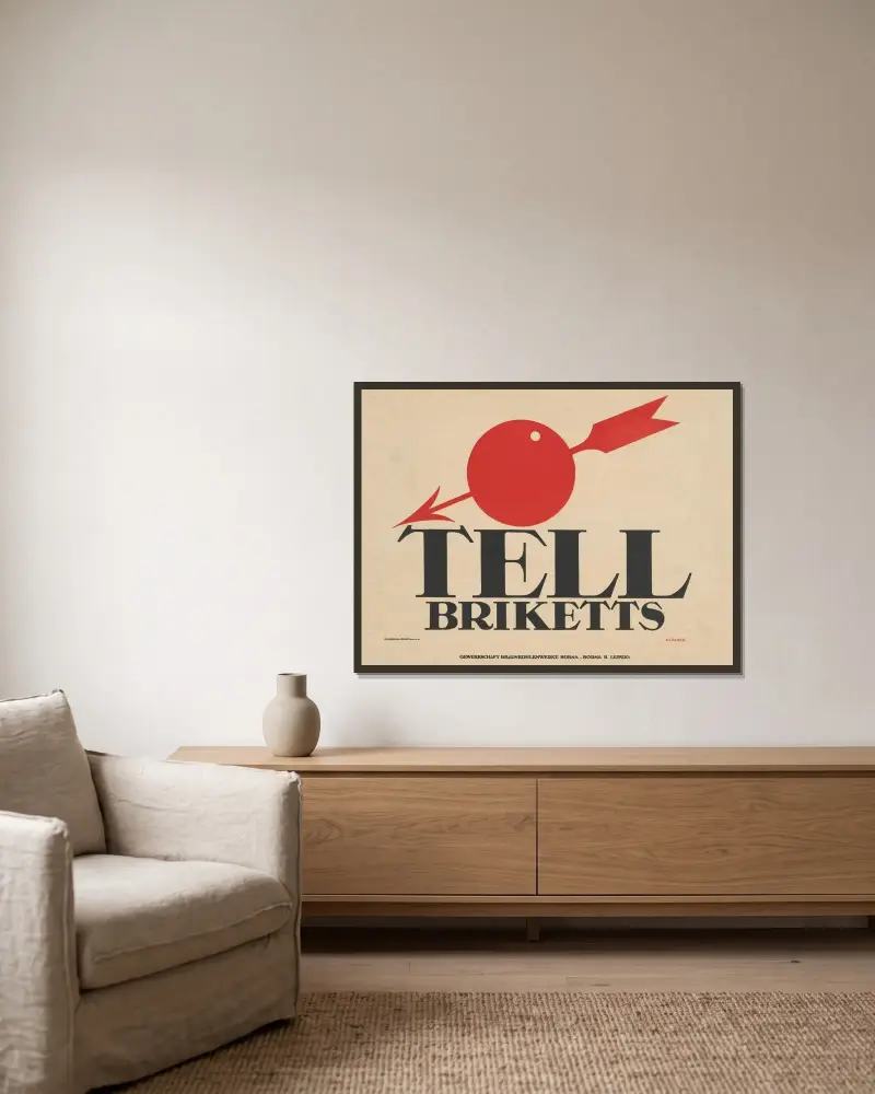 Tell Briketts av Julius Klinger inramad på en vägg