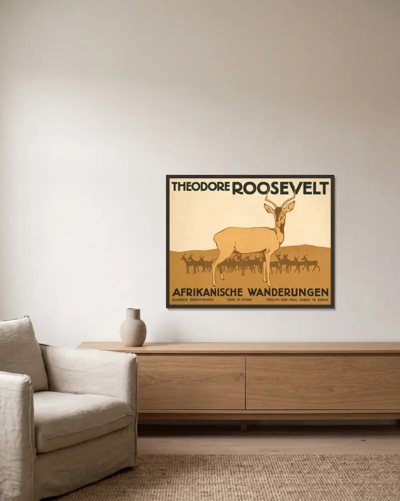 Theodore Roosevelt. Afrikanska vandringar av Julius Klinger inramad på en vägg
