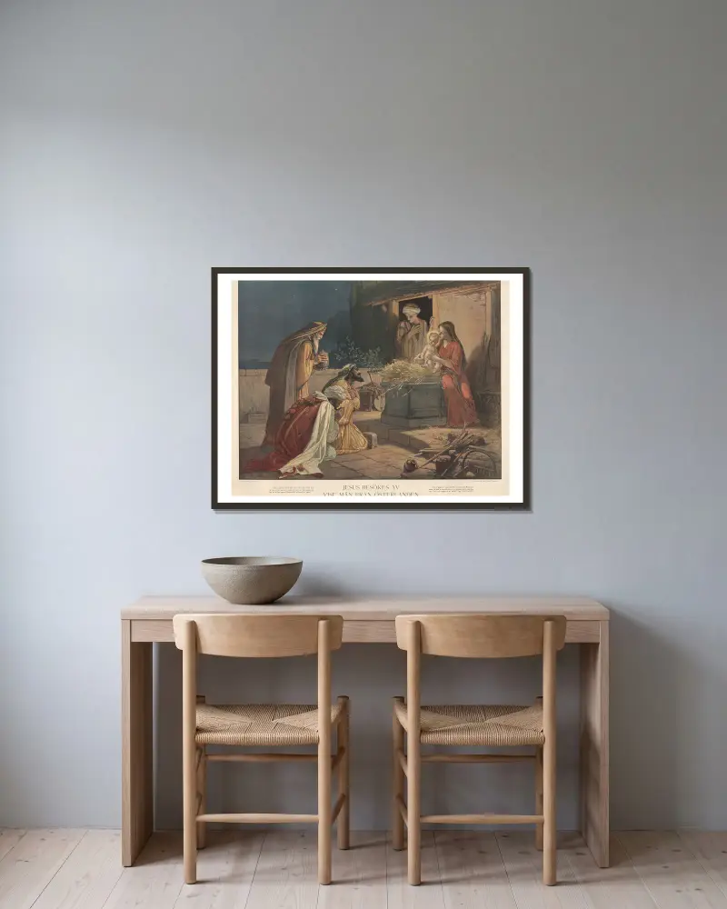 Jesus besöks av vise män från Österlanden av Julius Kronberg inramad på en vägg