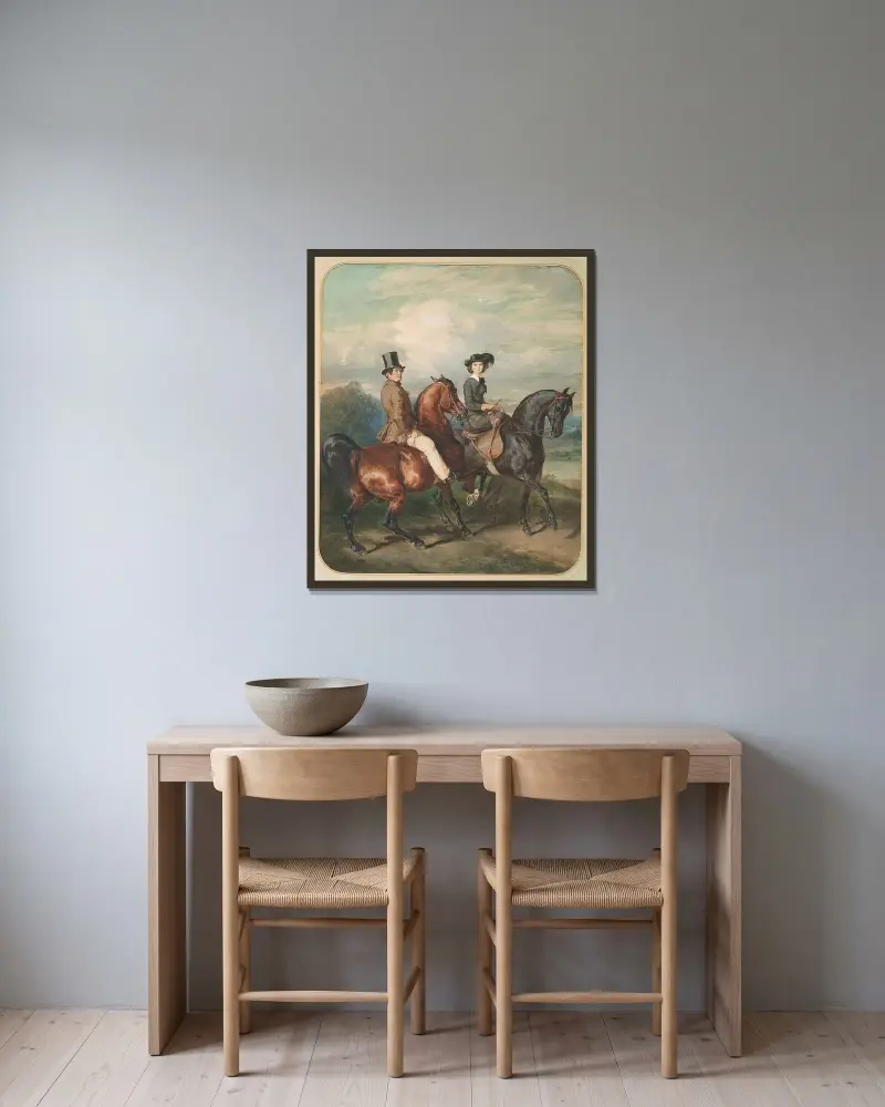 Kazimierz Łubieński mit seiner Tochter Emilia zu Pferd von Juliusz Kossak gerahmt an einer Wand