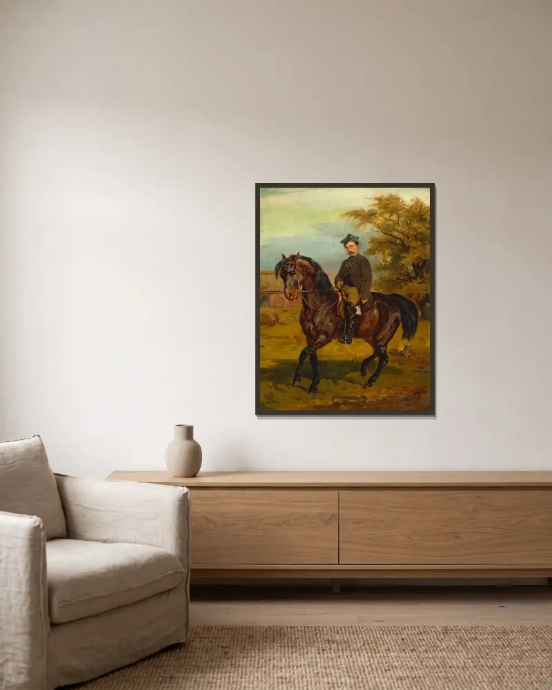 Porträt eines Reiters in Schirmmütze von Juliusz Kossak gerahmt an einer Wand