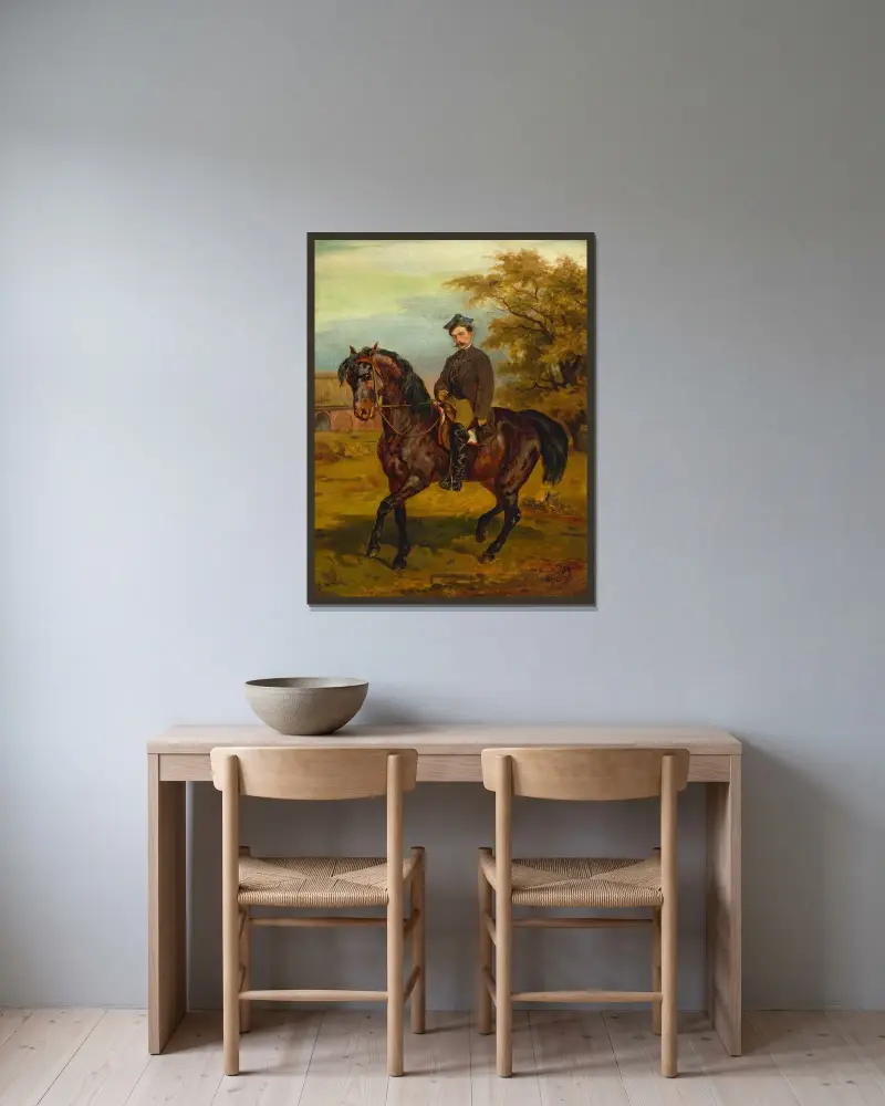 Porträt eines Reiters in Schirmmütze von Juliusz Kossak gerahmt an einer Wand