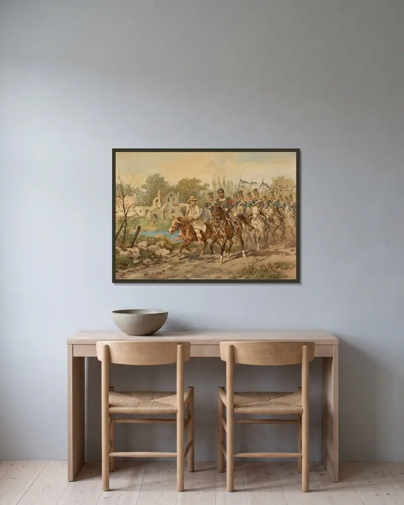 Poznan-uhlans 1831 med guide av Juliusz Kossak inramad på en vägg