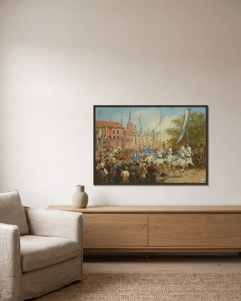 Kejsarens intåg i Kraków av Juliusz Kossak inramad på en vägg