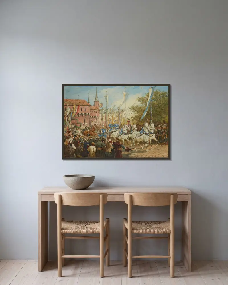 Kejsarens intåg i Kraków av Juliusz Kossak inramad på en vägg