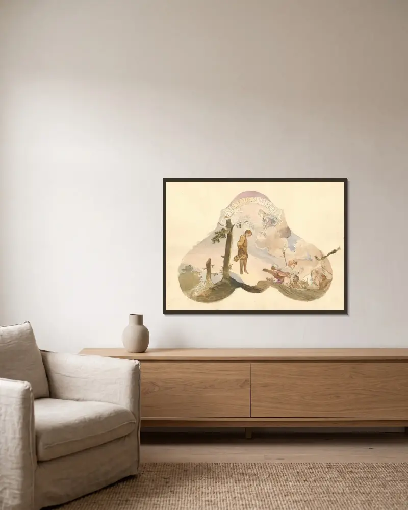 Zwei Engel und ein Putto, Embleme der Passion Christi haltend 8 von Juliusz Makarewicz gerahmt an einer Wand