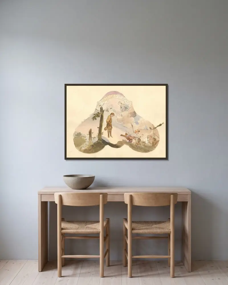 Zwei Engel und ein Putto, Embleme der Passion Christi haltend 8 von Juliusz Makarewicz gerahmt an einer Wand