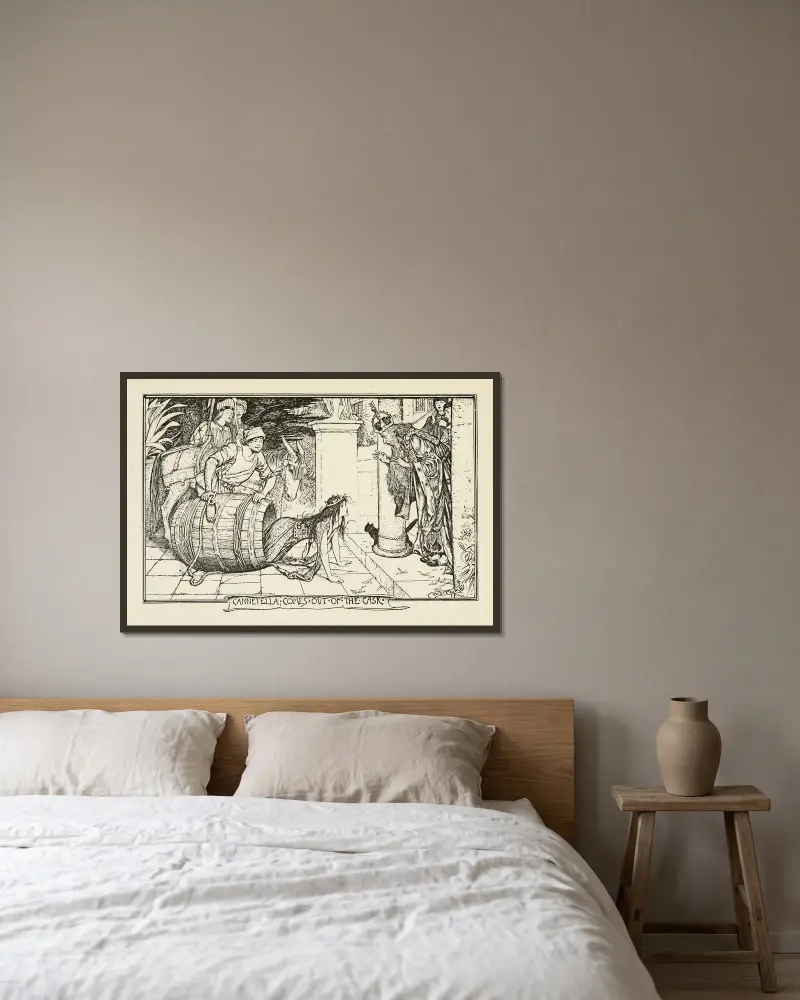 Cannetella stiger ut ur tunnan av Henry Justice Ford inramad på en vägg
