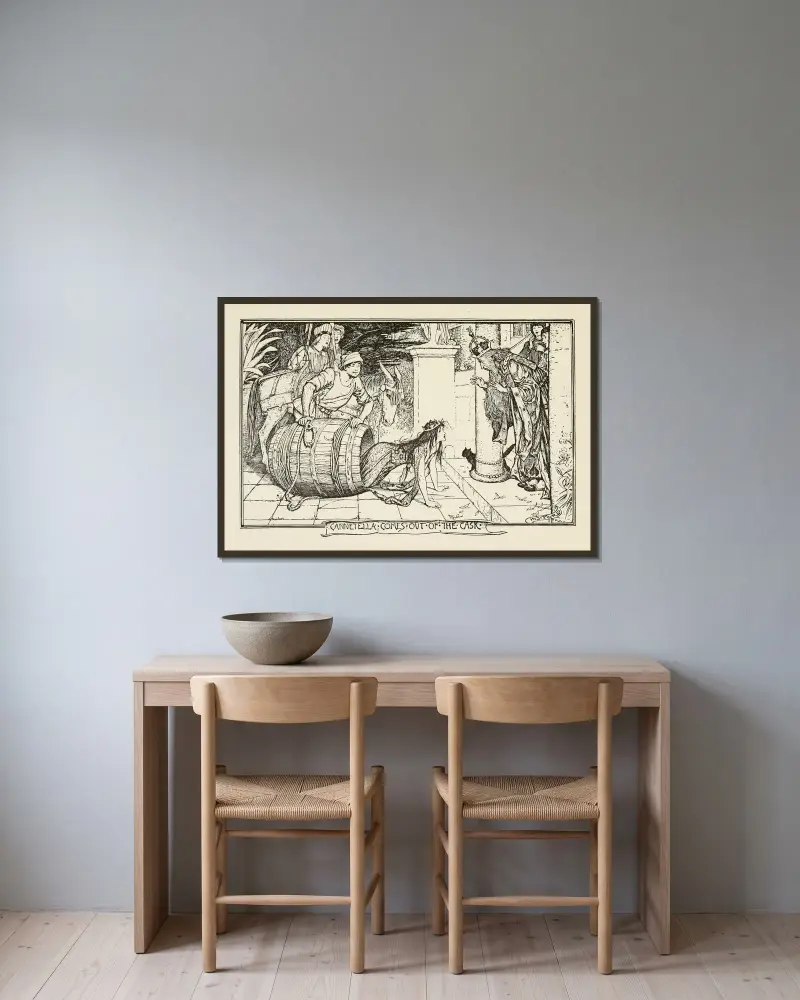 Cannetella stiger ut ur tunnan av Henry Justice Ford inramad på en vägg