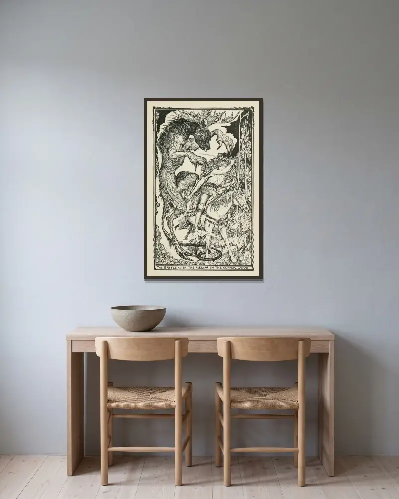 Striden med Welwan i Kopparskogen av Henry Justice Ford inramad på en vägg