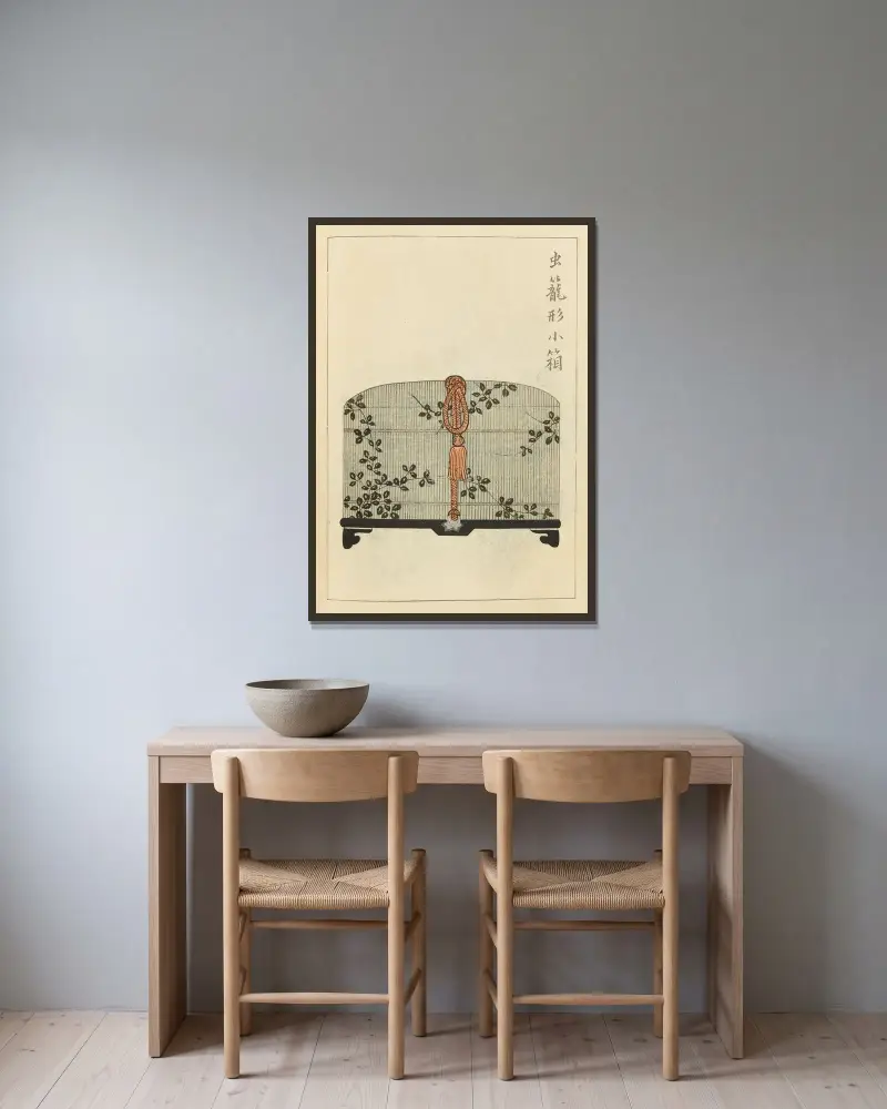 Shin-Bijutsukai Pl.045 av Furuya Kōrin inramad på en vägg