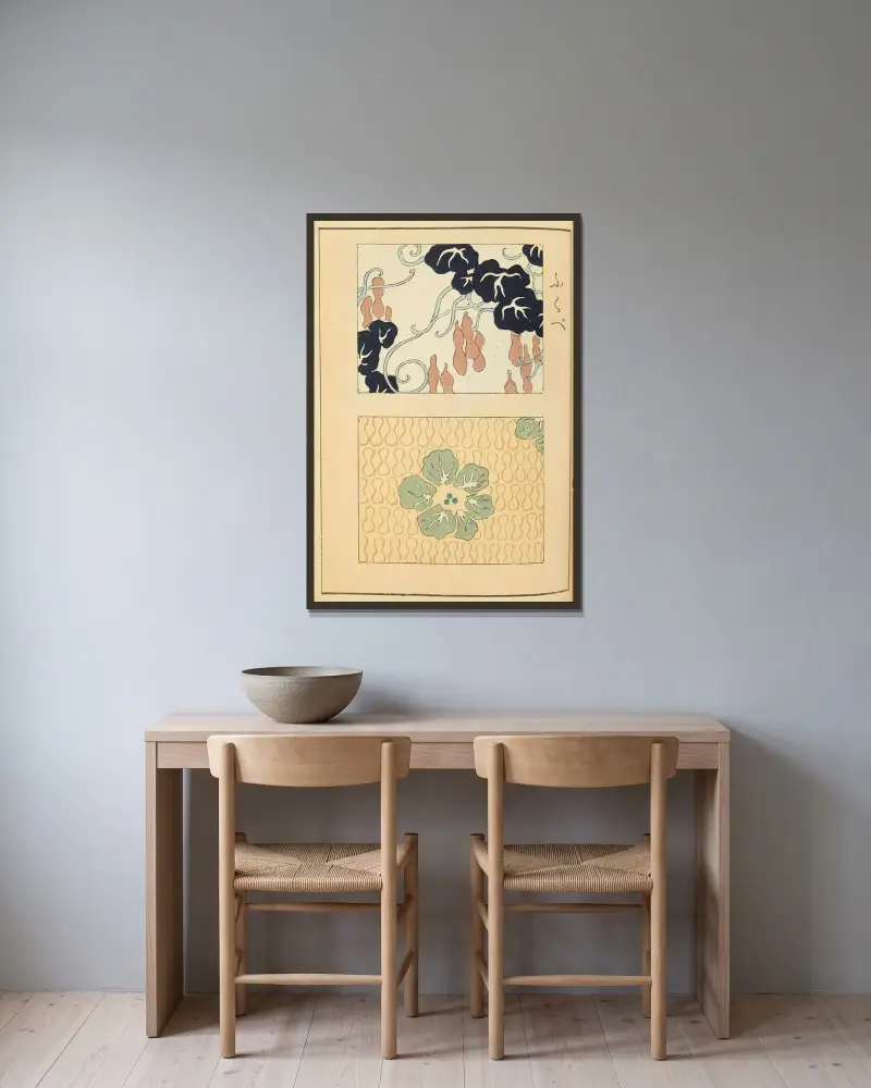 Shin-Bijutsukai Pl.169 av Furuya Kōrin inramad på en vägg
