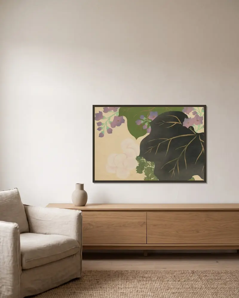 Krysantemum och paulownia (Kikukiri) av Kamisaka Sekka inramad på en vägg