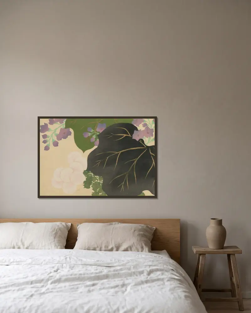Krysantemum och paulownia (Kikukiri) av Kamisaka Sekka inramad på en vägg