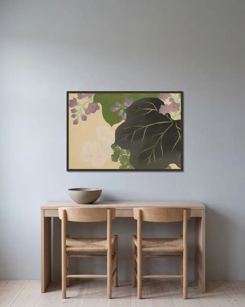 Krysantemum och paulownia (Kikukiri) av Kamisaka Sekka inramad på en vägg