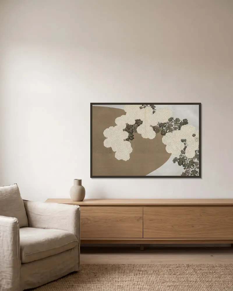 Chrysanthemen (Momoyogusa) von Kamisaka Sekka gerahmt an einer Wand