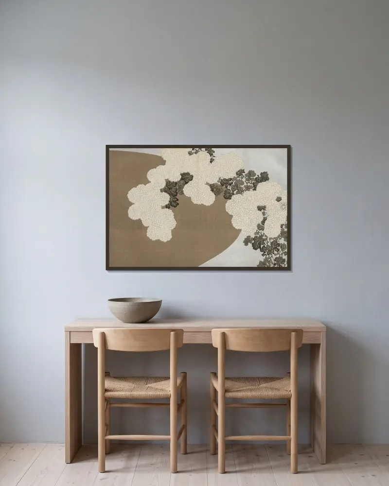 Chrysanthemen (Momoyogusa) von Kamisaka Sekka gerahmt an einer Wand