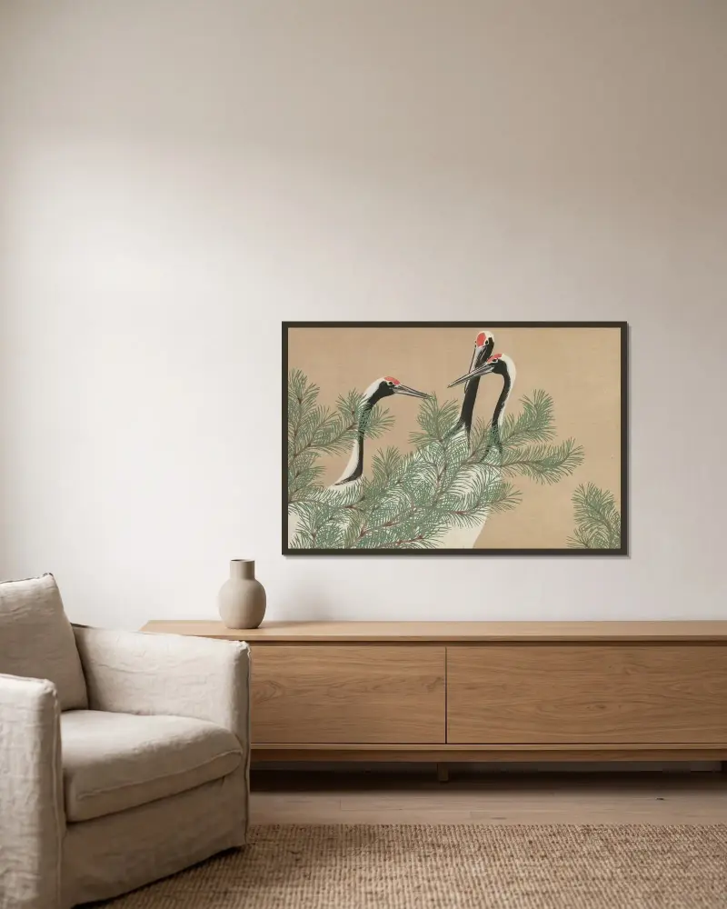 Cranes (Tsuru) av Kamisaka Sekka inramad på en vägg