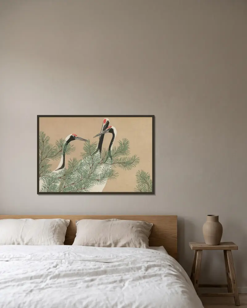 Cranes (Tsuru) av Kamisaka Sekka inramad på en vägg