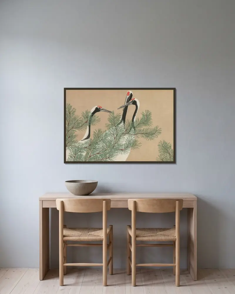 Cranes (Tsuru) av Kamisaka Sekka inramad på en vägg