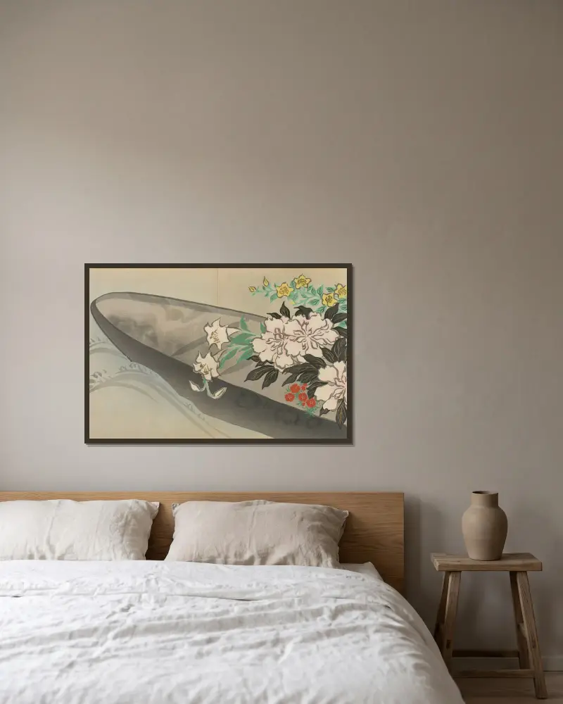 Blomsterbåt (Hanabune) av Kamisaka Sekka inramad på en vägg