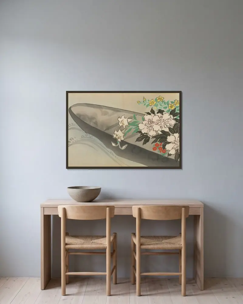 Blomsterbåt (Hanabune) av Kamisaka Sekka inramad på en vägg