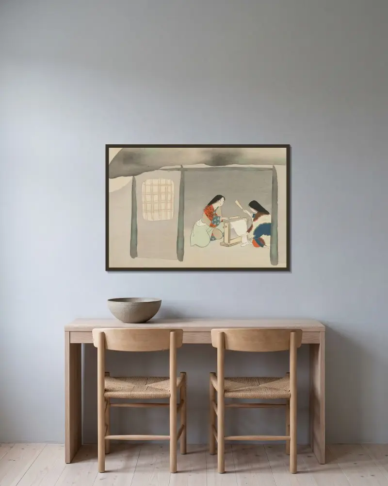 Fulling Silk (Uchiginu) av Kamisaka Sekka inramad på en vägg