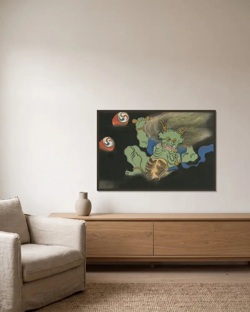 Donnergott (Raijin) von Kamisaka Sekka gerahmt an einer Wand