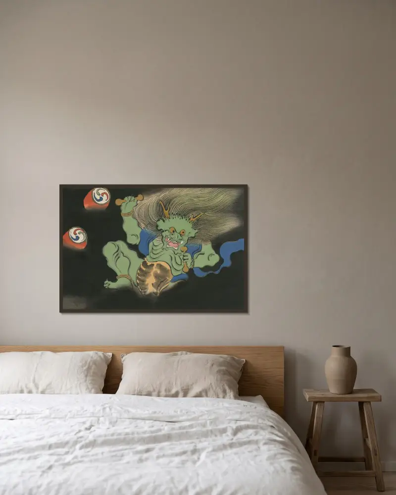 Donnergott (Raijin) von Kamisaka Sekka gerahmt an einer Wand