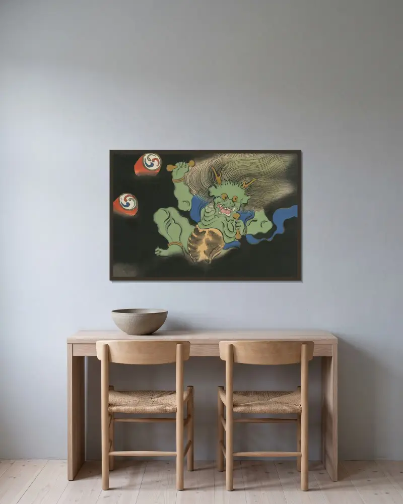 Donnergott (Raijin) von Kamisaka Sekka gerahmt an einer Wand