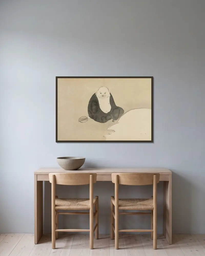 Hotei av Kamisaka Sekka inramad på en vägg