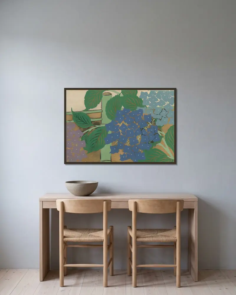 Hortensia (Ajisai) av Kamisaka Sekka inramad på en vägg