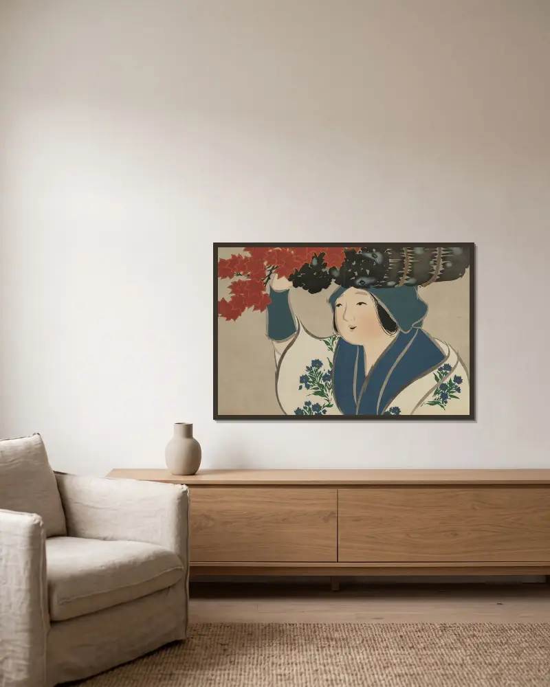 Kindling Salesgirl (Kurokiuri) av Kamisaka Sekka inramad på en vägg