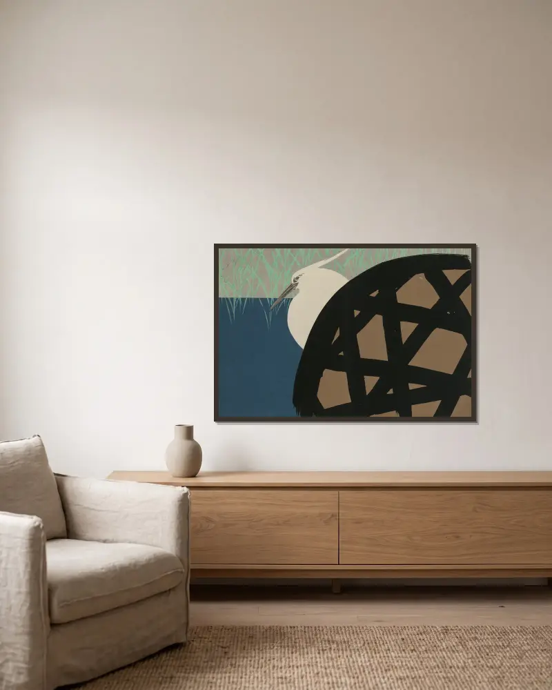 Weißer Reiher von Kamisaka Sekka gerahmt an einer Wand